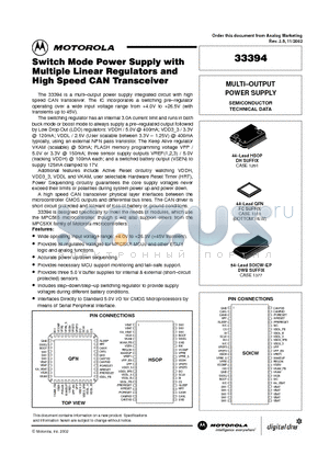 MC33394 datasheet - Switch Mode Power Supply with Multiple Linear Regulators and High Speed CAN Transceiver