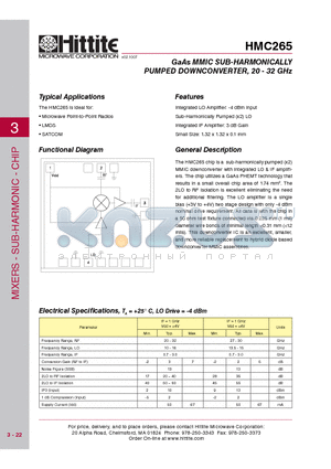 HMC265 datasheet - GaAs MMIC SUB-HARMONICALLY PUMPED DOWNCONVERTER, 20 - 32 GHz