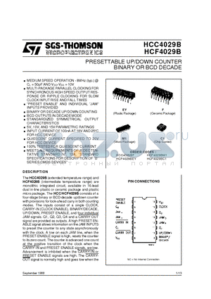 HCC4029B datasheet - BINARY OR BCD DECADE PRESETTABLE UP/DOWN COUNTER
