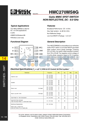 HMC270MS8G datasheet - GaAs MMIC SPDT SWITCH NON-REFLECTIVE, DC - 8.0 GHz