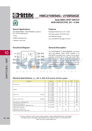 HMC270MS8G datasheet - GaAs MMIC SPDT SWITCH NON-REFLECTIVE, DC - 8 GHz