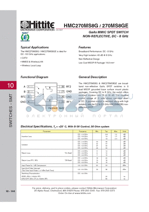 HMC270MS8G_08 datasheet - GaAs MMIC SPDT SWITCH NON-REFLECTIVE, DC - 8 GHz