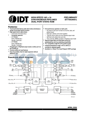 IDT709269L9PF datasheet - HIGH-SPEED 16K x 16 SYNCHRONOUS PIPELINED DUAL-PORT STATIC RAM