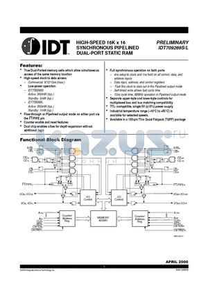 IDT709269L9PFI datasheet - HIGH-SPEED 16K x 16 SYNCHRONOUS PIPELINED DUAL-PORT STATIC RAM