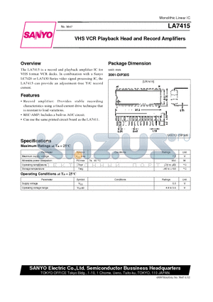 LA7415 datasheet - VHS VCR Playback Head and Record Amplifiers