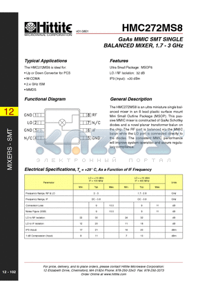 HMC272MS8 datasheet - GaAs MMIC SMT SINGLE BALANCED MIXER, 1.7 - 3 GHz