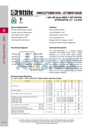 HMC273MS10G datasheet - 1 dB LSB GaAs MMIC 5-BIT DIGITAL ATTENUATOR, 0.7 - 3.8 GHz