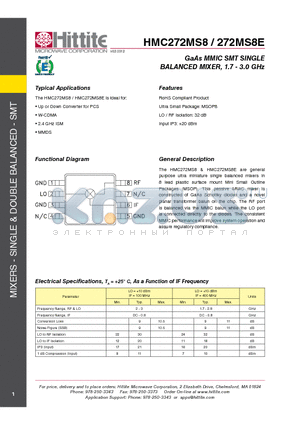 HMC272MS8_12 datasheet - GaAs MMIC SMT SINGLE BALANCED MIXER, 1.7 - 3.0 GHz