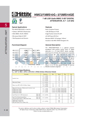 HMC273MS10G datasheet - 1 dB LSB GaAs MMIC 5-BIT DIGITAL ATTENUATOR, 0.7 - 3.8 GHz