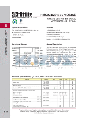 HMC274QS16_08 datasheet - 1 dB LSB GaAs IC 5-BIT DIGITAL ATTENUATOR, 0.7 - 2.7 GHz