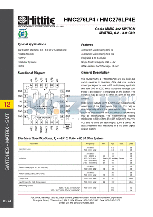 HMC276LP4E datasheet - GaAs MMIC 4x2 SWITCH MATRIX, 0.2 - 3.0 GHz
