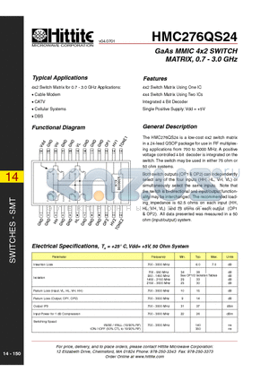 HMC276QS24 datasheet - GaAs MMIC 4x2 SWITCH MATRIX, 0.7 - 3.0 GHz
