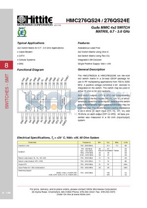 HMC276QS24_06 datasheet - GaAs MMIC 4x2 SWITCH MATRIX, 0.7 - 3.0 GHz