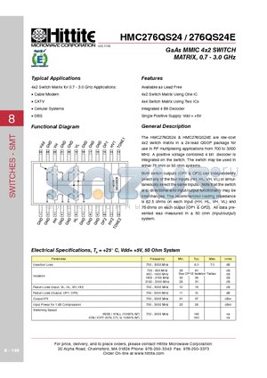 HMC276QS24 datasheet - GaAs MMIC 4x2 SWITCH MATRIX, 0.7 - 3.0 GHz