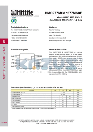 HMC277MS8 datasheet - GaAs MMIC SMT SINGLE BALANCED MIXER, 0.7 - 1.2 GHz