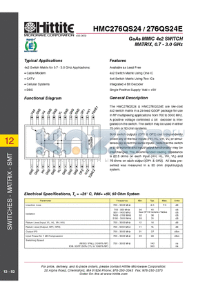 HMC276QS24 datasheet - GaAs MMIC 4x2 SWITCH MATRIX, 0.7 - 3.0 GHz