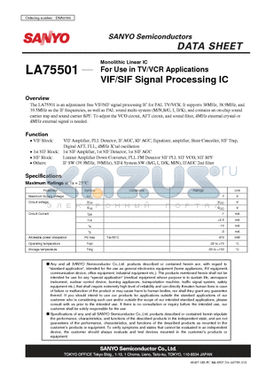LA75501 datasheet - For Use in TV/VCR Applications VIF/SIF Signal Processing IC