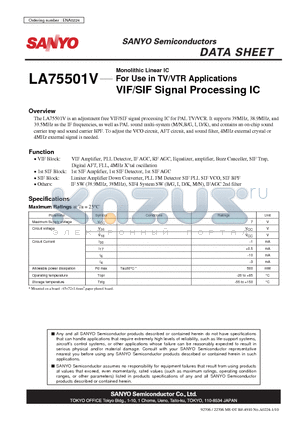 LA75501V datasheet - For Use in TV/VTR Applications VIF/SIF Signal Processing IC