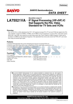 LA75521VA datasheet - IF Signal Processing (VIFSIF) IC that Supports the PAL Video Standard for TV Sets and VCRs