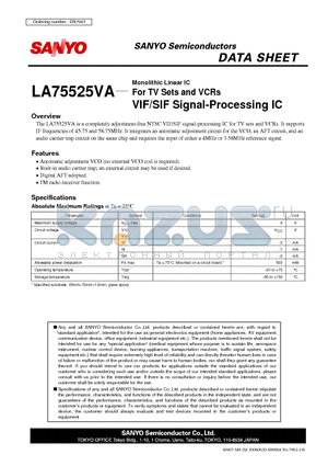 LA75525VA datasheet - Monolithic Linear IC For TV Sets and VCRs VIF/SIF Signal-Processing IC