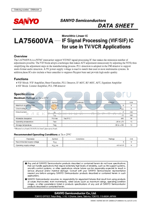 LA75600VA datasheet - Monolithic Linear IC IF Signal Processing (VIF/SIF) IC for use in TV/VCR Applications