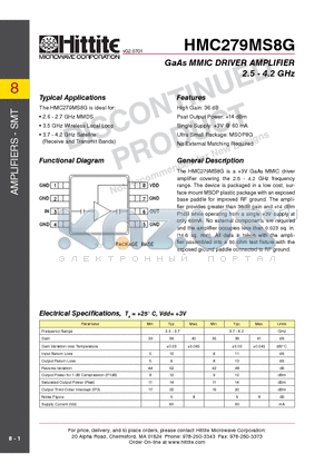 HMC279MS8G_10 datasheet - GaAs MMIC DRIVER AMPLIFIER 2.5 - 4.2 GHz