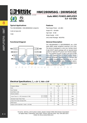 HMC280MS8GE datasheet - GaAs MMIC POWER AMPLIFIER 5.0 - 6.0 GHz
