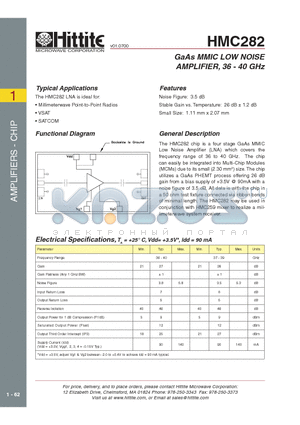 HMC282 datasheet - GaAs MMIC LOW NOISE AMPLIFIER, 36 - 40 GHz