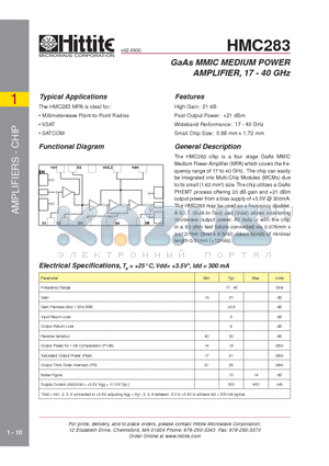 HMC283 datasheet - GaAs MMIC MEDIUM POWER AMPLIFIER, 17 - 40 GHz