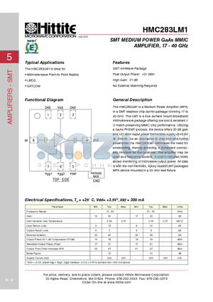 HMC283LM1 datasheet - SMT MEDIUM POWER GaAs MMIC AMPLIFIER, 17 - 40 GHz