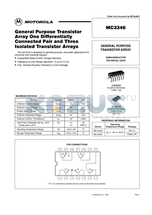 MC3346D datasheet - GENERAL PURPOSE TRANSISTOR ARRAY ONE DIFFERENTIALLY CONNECTED PAIR AND THREE ISOIATED TRANSISTOR ARRAYS