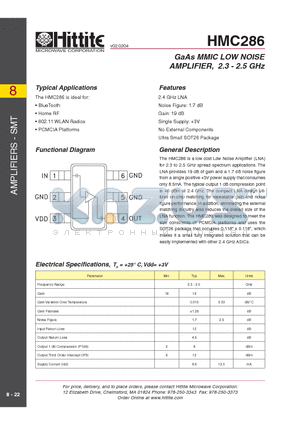 HMC286 datasheet - GaAs MMIC LOW NOISE AMPLIFIER, 2.3 - 2.5 GHz