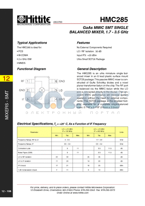 HMC285 datasheet - GaAs MMIC SMT SINGLE BALANCED MIXER, 1.7 - 3.5 GHz