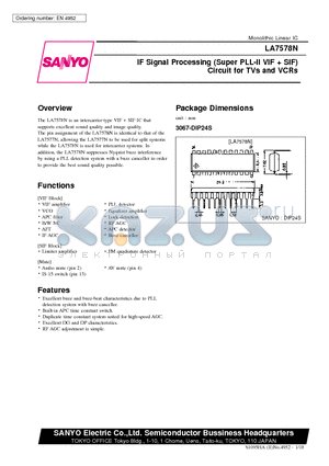 LA7578N datasheet - IF Signal Processing (Super PLL-II VIF  SIF) Circuit for TVs and VCRs