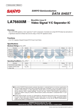 LA76600M datasheet - Monolithic Linear IC Video Signal Y/C Separator IC