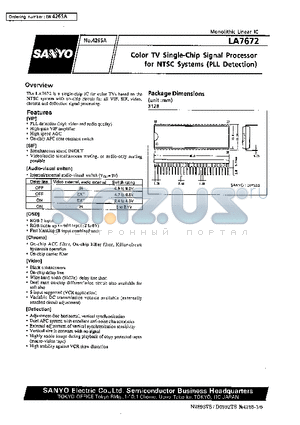 LA7672 datasheet - Color TV Single-Chip Signal Processor for NTSC Systems (PLL Detection)