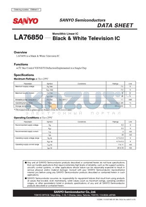 LA76850 datasheet - Monolithic Linear IC Black & White Television IC