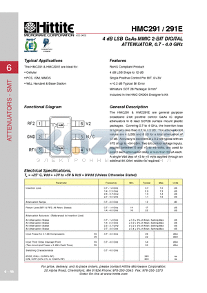 HMC291 datasheet - 4 dB LSB GaAs MMIC 2-BIT DIGITAL ATTENUATOR, 0.7 - 4.0 GHz