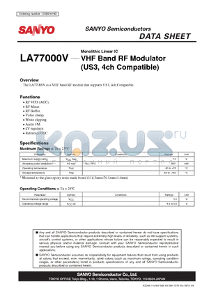 LA77000V datasheet - Monolithic Linear IC VHF Band RF Modulator (US3, 4ch Compatible)