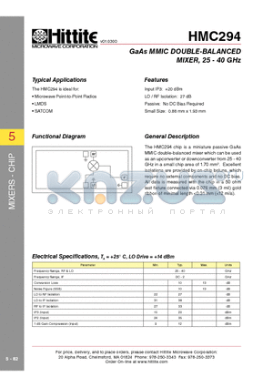 HMC294_00 datasheet - GaAs MMIC DOUBLE-BALANCED MIXER, 25 - 40 GHz