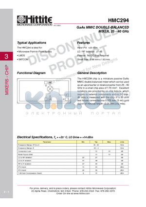 HMC294_10 datasheet - GaAs MMIC DOUBLE-BALANCED MIXER, 25 - 40 GHz