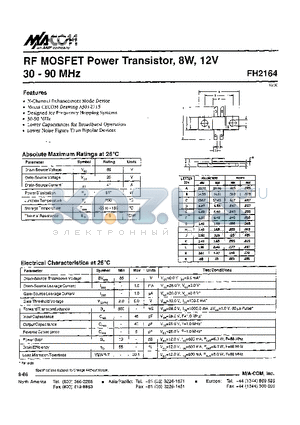 FH2164 datasheet - RF MOSFET Power Transistor, 8W, 12V 30 - 90 MHz