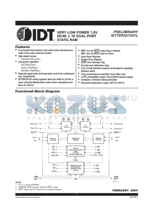 IDT70P25755BYI datasheet - VERY LOW POWER 1.8V 8K/4K x 16 DUAL-PORT STATIC RAM