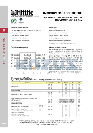 HMC306MS10_06 datasheet - 0.5 dB LSB GaAs MMIC 5-BIT DIGITAL ATTENUATOR, 0.7 - 3.8 GHz