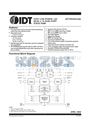 IDT70P258 datasheet - VERY LOW POWER 1.8V 8K/4K x 16 DUAL-PORT STATIC RAM