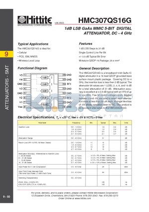 HMC307 datasheet - 1dB LSB GaAs MMIC 5-BIT DIGITAL ATTENUATOR, DC - 4 GHz