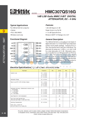 HMC307QS16G datasheet - 1dB LSB GaAs MMIC 5-BIT DIGITAL ATTENUATOR, DC - 4 GHz