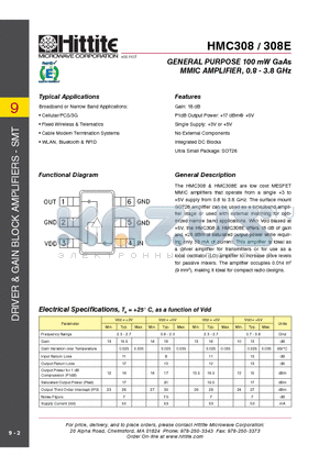 HMC308 datasheet - GENERAL PURPOSE 100 mW GaAs MMIC AMPLIFIER, 0.8 - 3.8 GHz