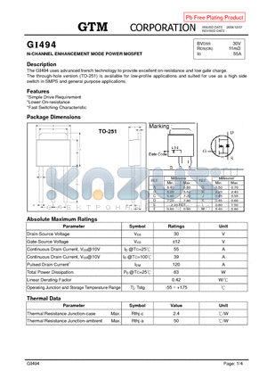 GI494 datasheet - N-CHANNEL ENHANCEMENT MODE POWER MOSFET