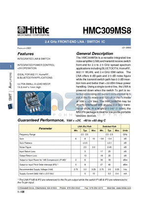 HMC309MS8 datasheet - 2.4 GHz FRONT-END LNA / SWITCH IC